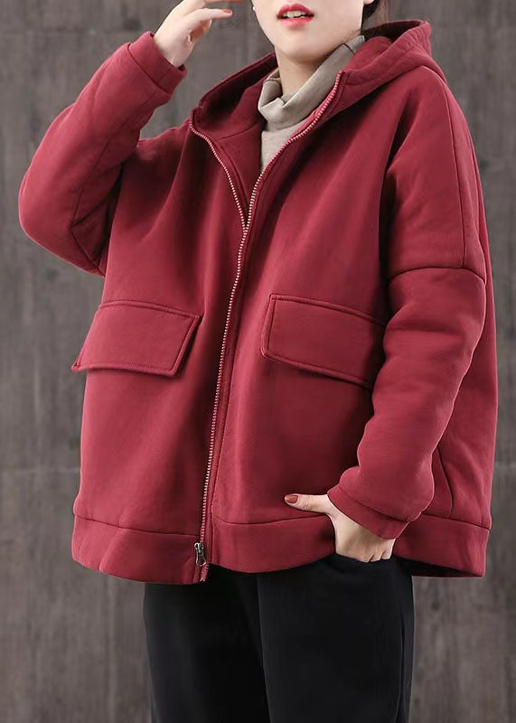 WW | Casual Winter Jacket Patchwork Coats Red Short with Hood Overcoat