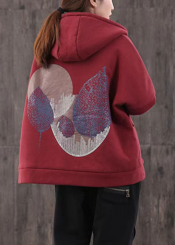 WW | Casual Winter Jacket Patchwork Coats Red Short with Hood Overcoat