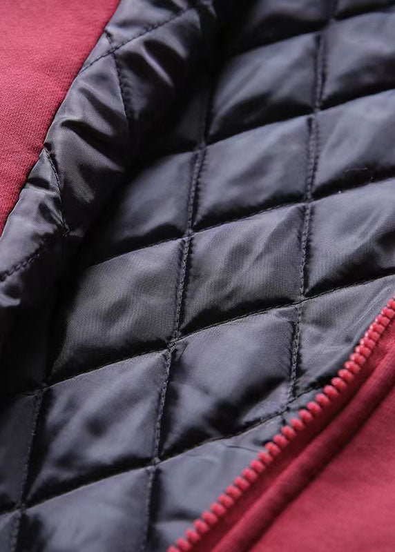 WW | Casual Winter Jacket Patchwork Coats Red Short with Hood Overcoat