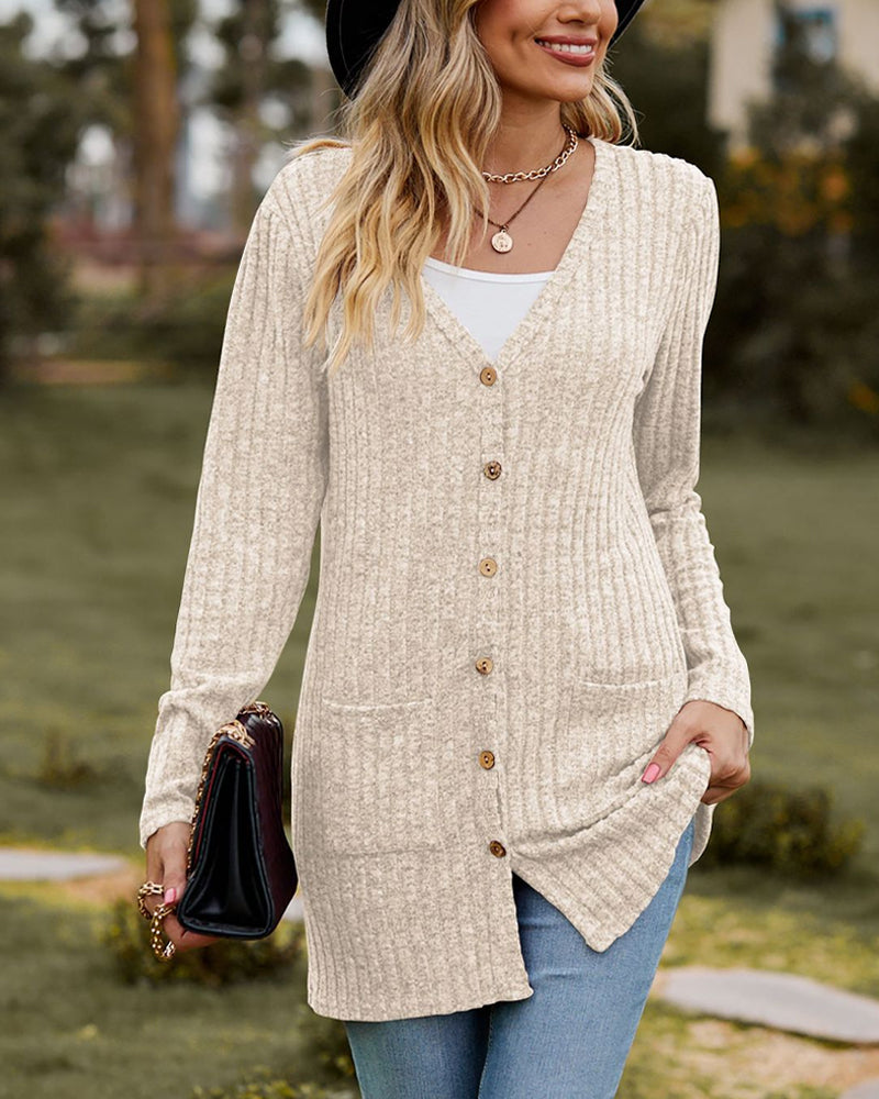 WW | Damen Lange Gestrickte Strickjacke mit Knöpfen