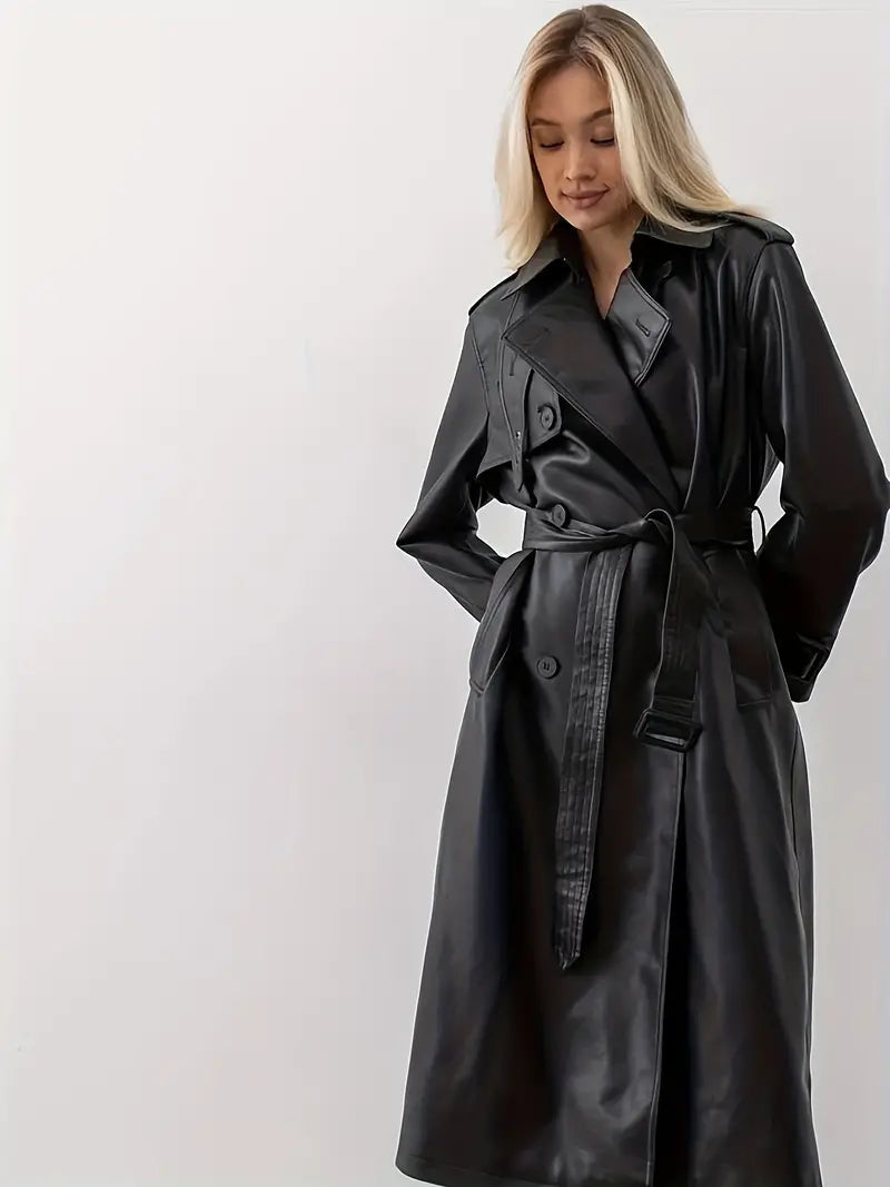 WW | Leder Trenchcoat Damen - Langer Trenchcoat Schwarz