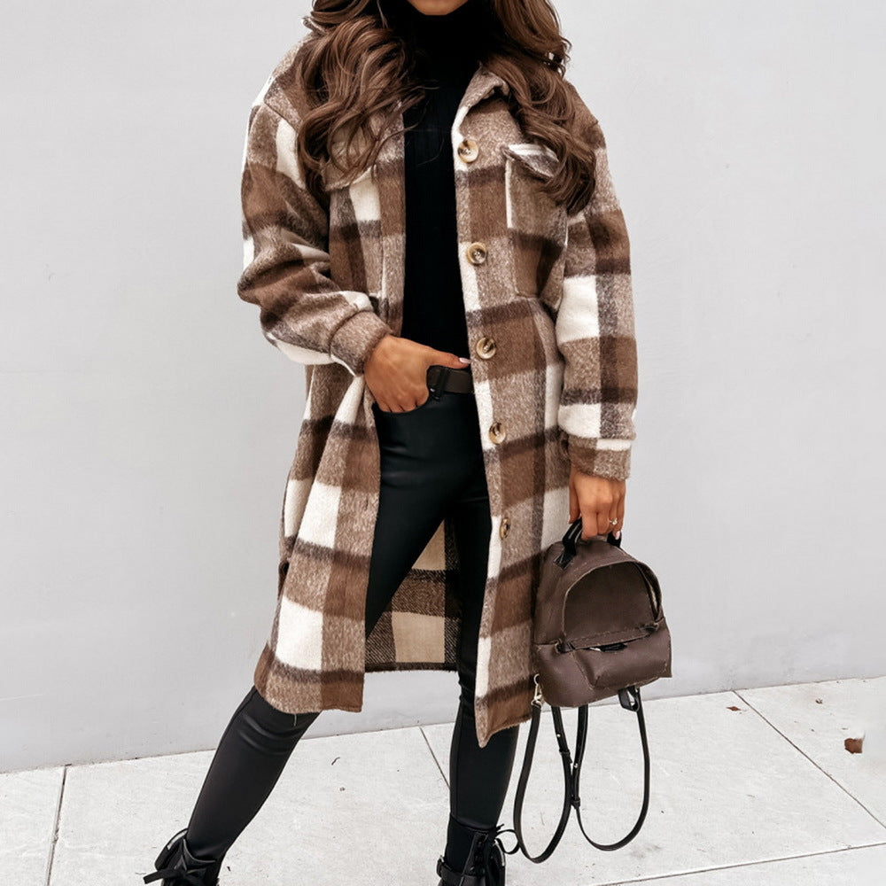 WW | Damen Woll Winterjacke mit Karomuster und Knopfschluss