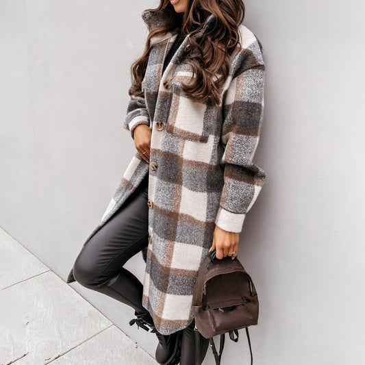 WW | Damen Woll Winterjacke mit Karomuster und Knopfschluss
