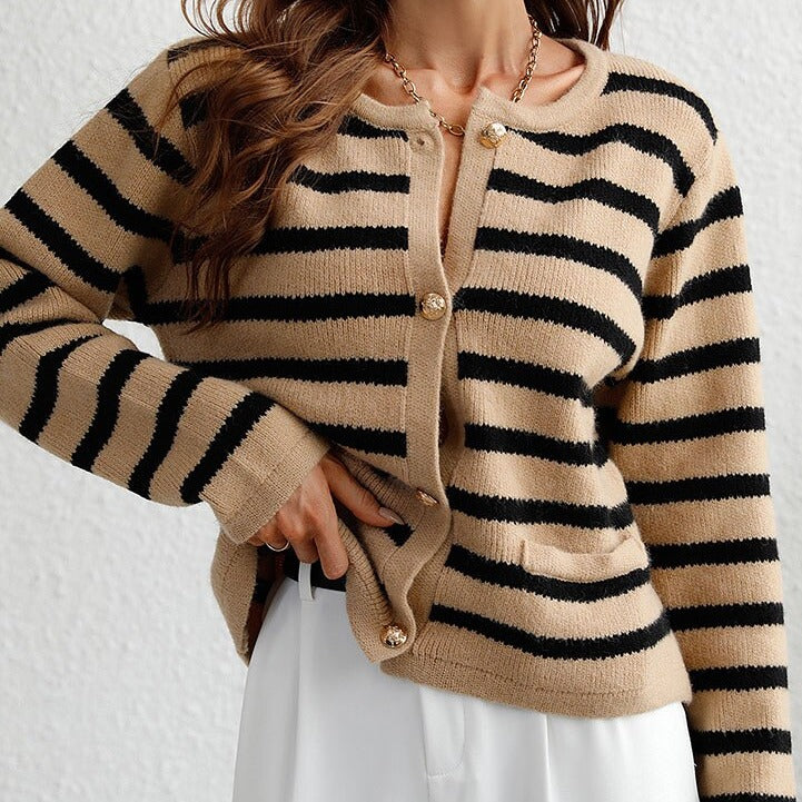 WW | Damen Gestreifter Cardigan mit Knopfverschluss und Weichem Stoff