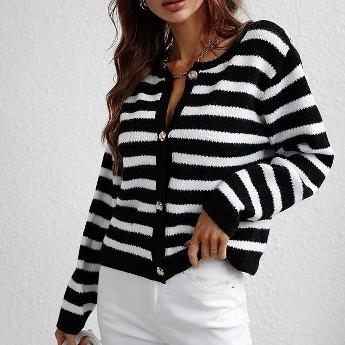 WW | Damen Gestreifter Cardigan mit Knopfverschluss und Weichem Stoff