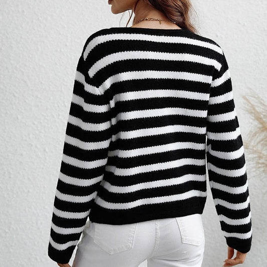 WW | Damen Gestreifter Cardigan mit Knopfverschluss und Weichem Stoff