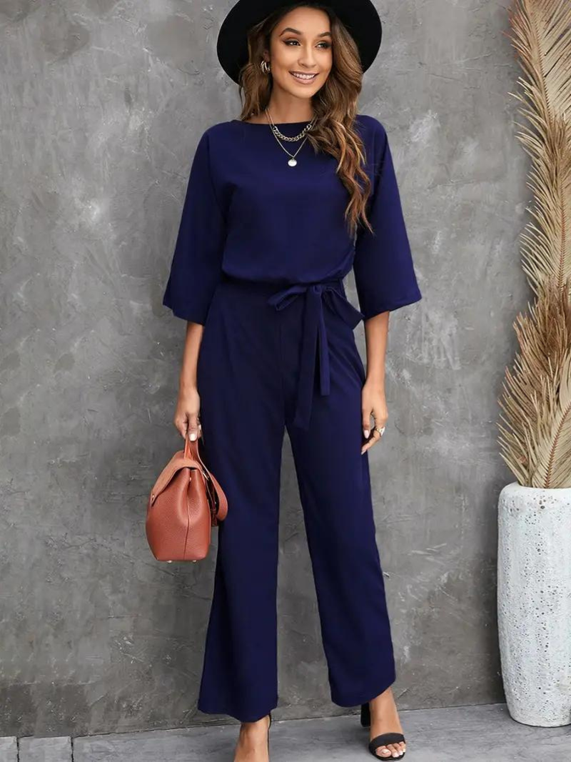 WW | Jumpsuit Wide Leg Waist Belt Three-Quarter Sleeves Elegant Fit