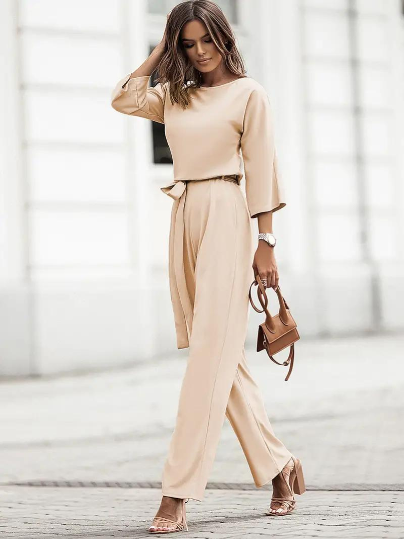 WW | Jumpsuit Wide Leg Waist Belt Three-Quarter Sleeves Elegant Fit