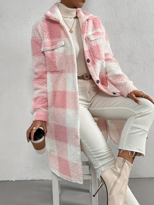 WW | Langer Karierter Teddy Fleece Wintermantel für Frauen - Weich & Schick