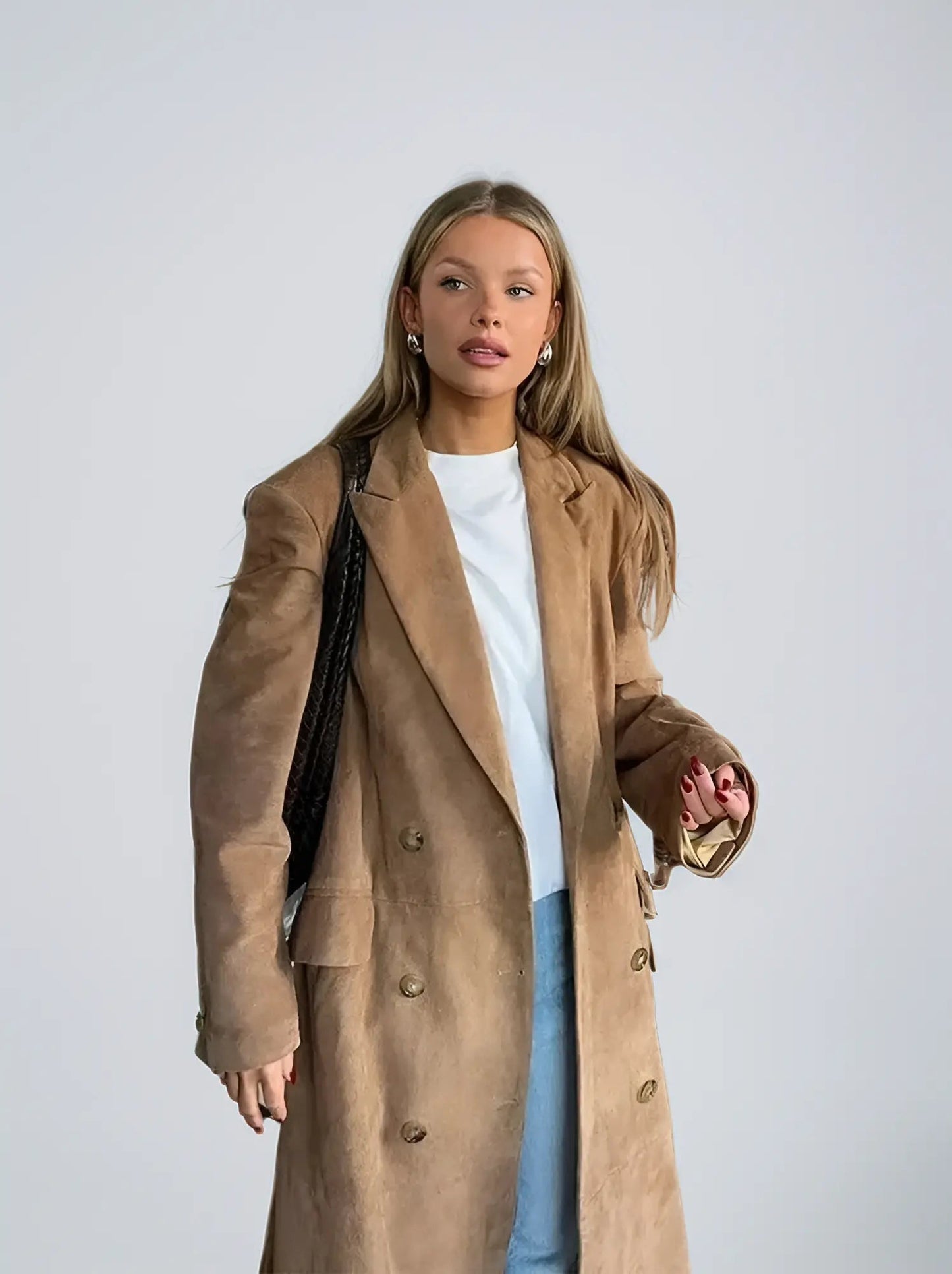 WW | Damen Wildleder Trenchcoat mit Klassischem Revers und Doppelt Knopfverschluss