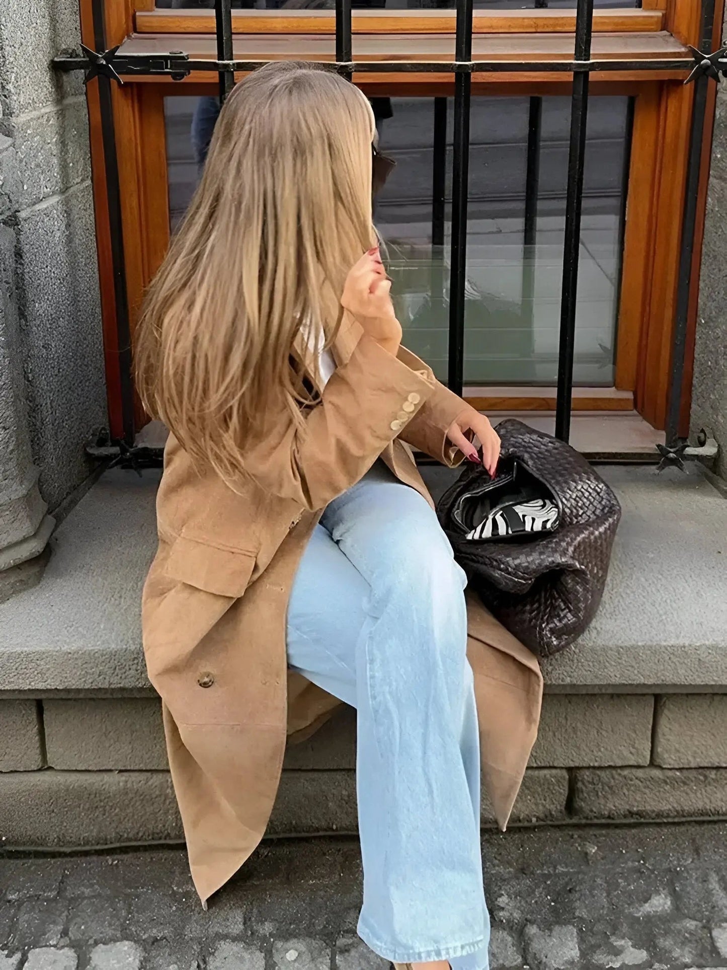 WW | Damen Wildleder Trenchcoat mit Klassischem Revers und Doppelt Knopfverschluss