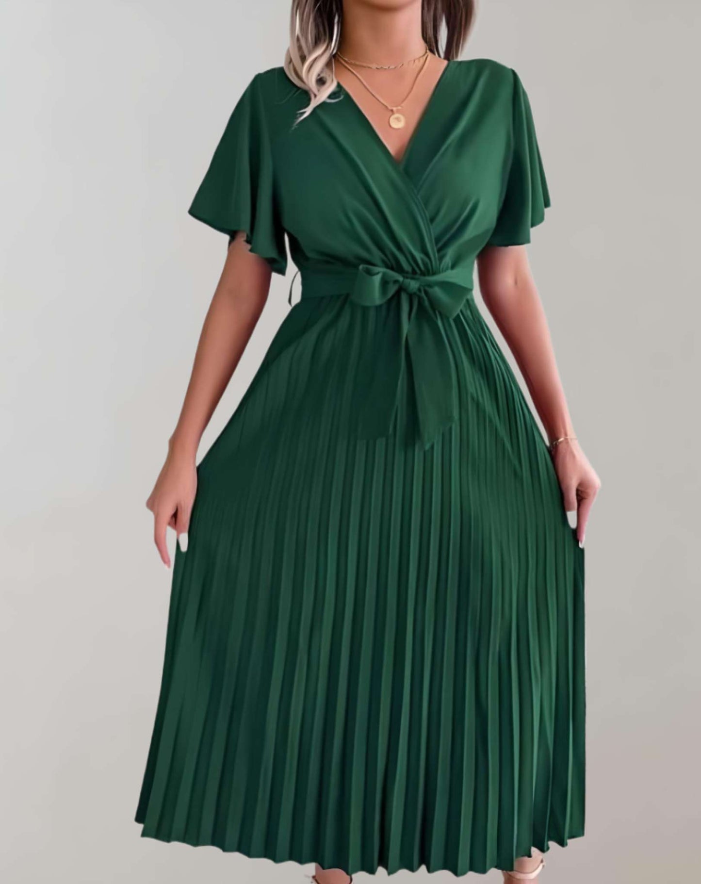 WW | Plissiertes Kleid Mit Weiten Kurzen Ärmeln Und Schleifenband Kleid
