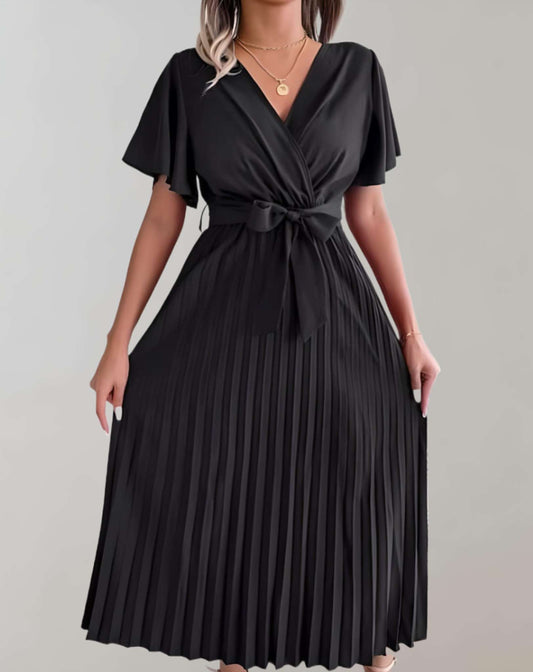 WW | Plissiertes Kleid Mit Weiten Kurzen Ärmeln Und Schleifenband Kleid