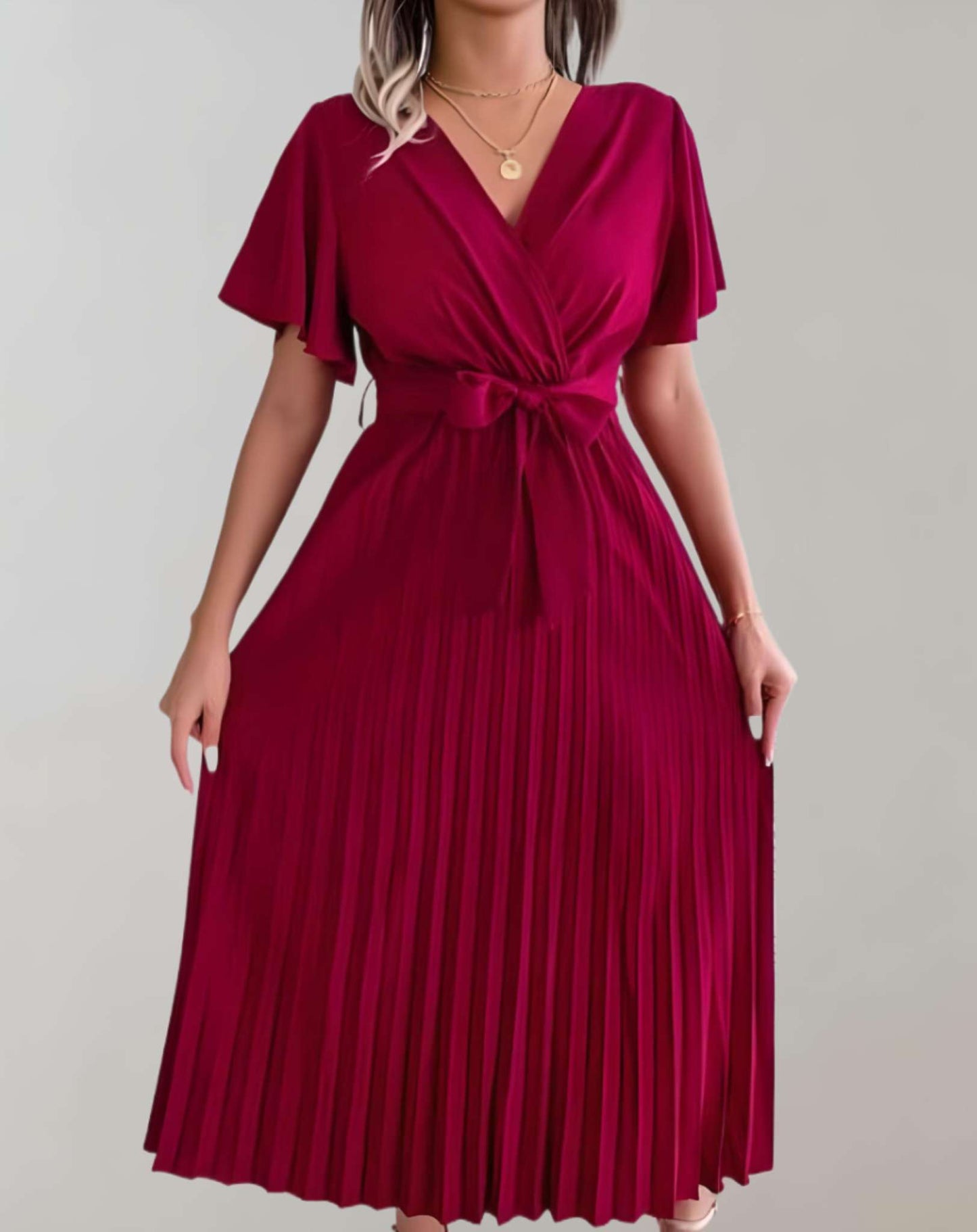 WW | Plissiertes Kleid Mit Weiten Kurzen Ärmeln Und Schleifenband Kleid