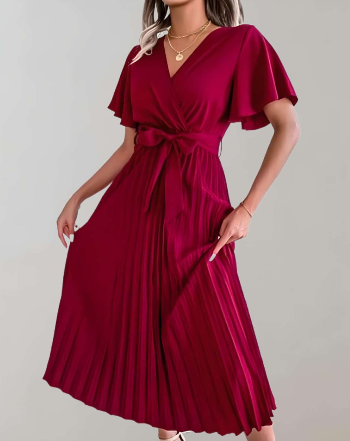 WW | Plissiertes Kleid Mit Weiten Kurzen Ärmeln Und Schleifenband Kleid