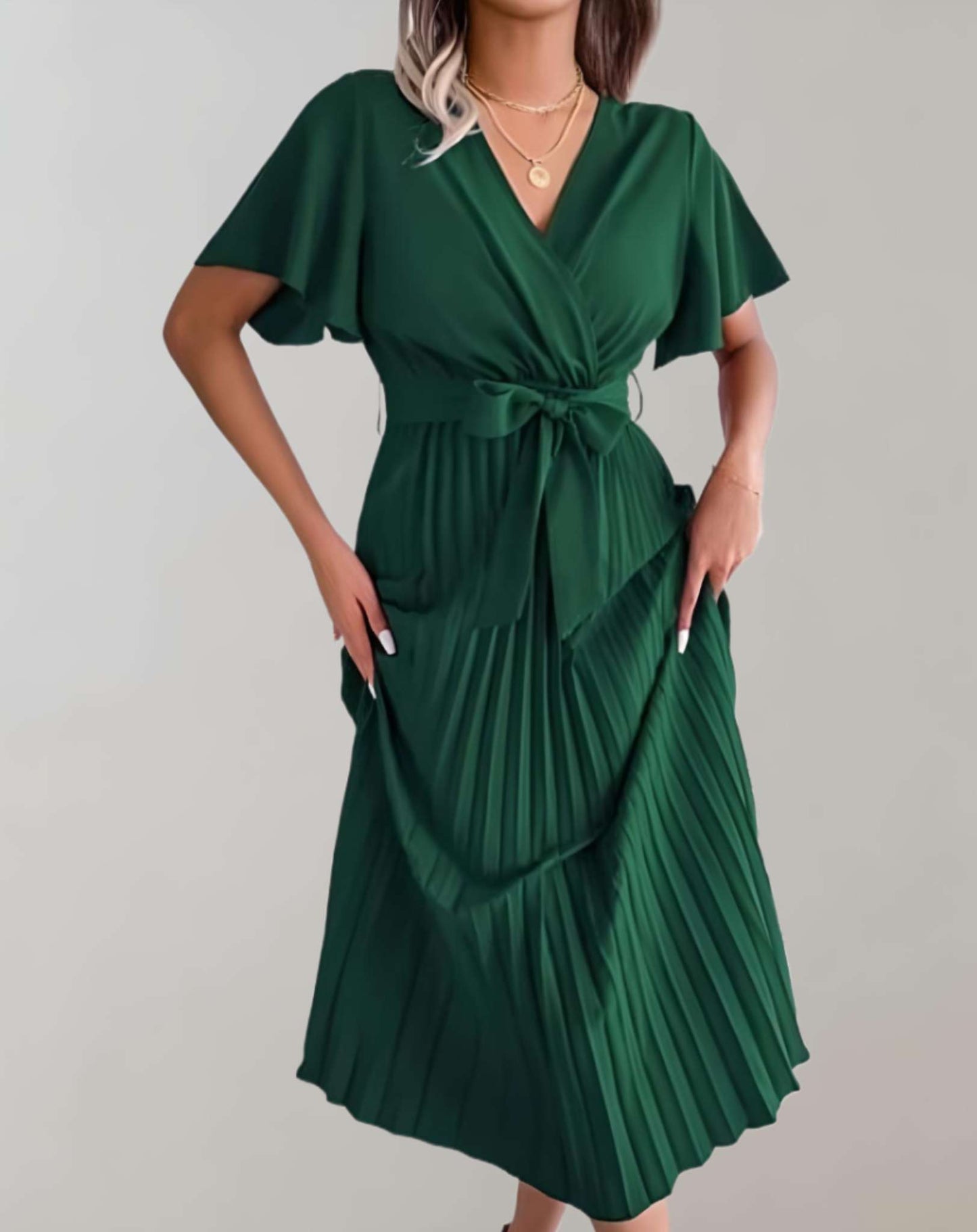 WW | Plissiertes Kleid Mit Weiten Kurzen Ärmeln Und Schleifenband Kleid