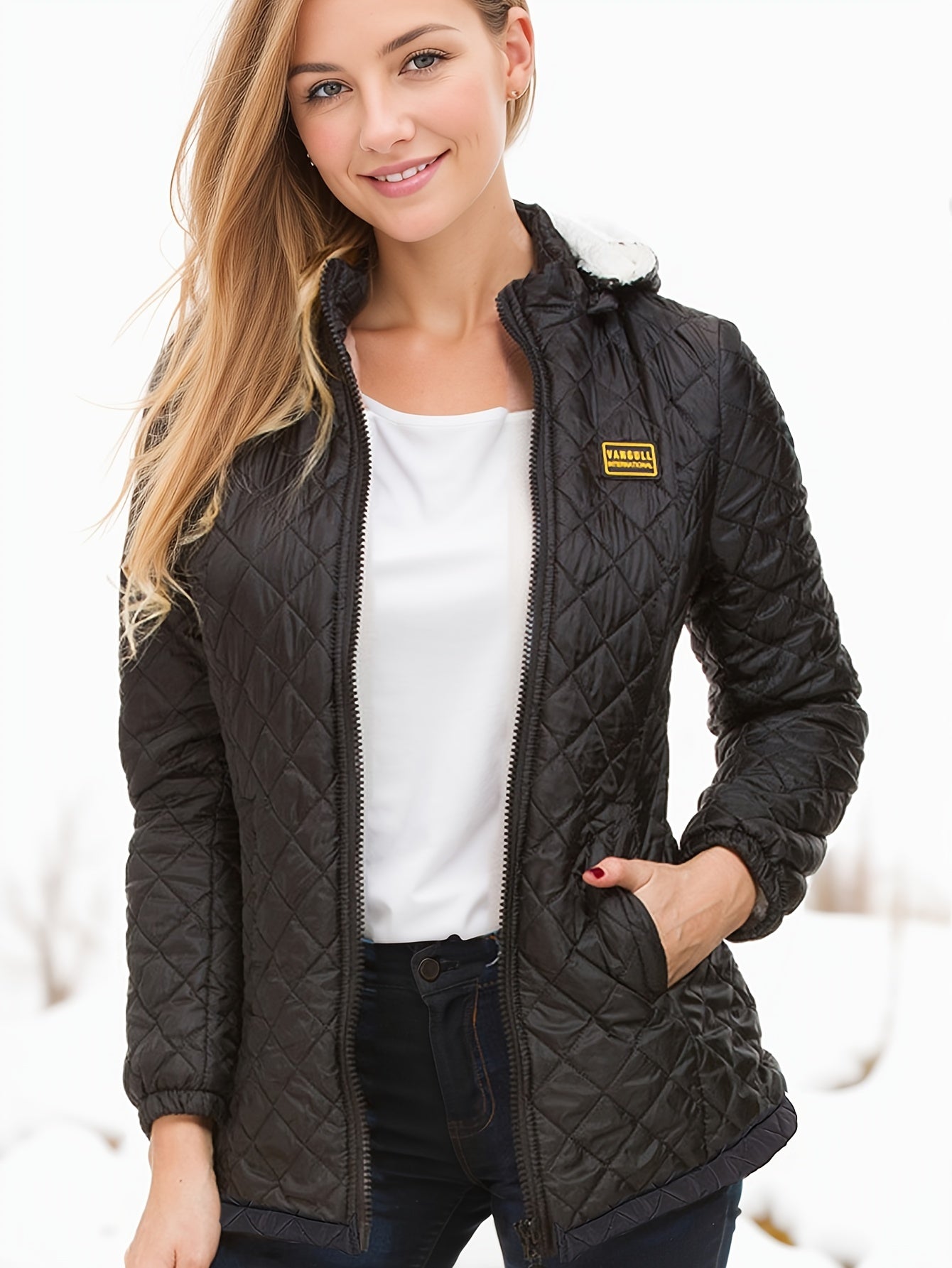 WW | Damen kurze wattierte Winterjacke mit Kapuze und Fleece-Futter