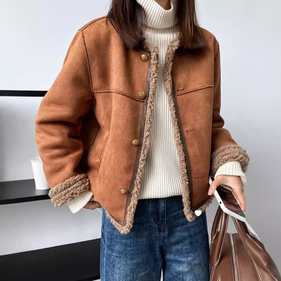 WW | Women's Jacket – Boxy Fit – Suede Look – Sherpa Lining – Metal Button Closure