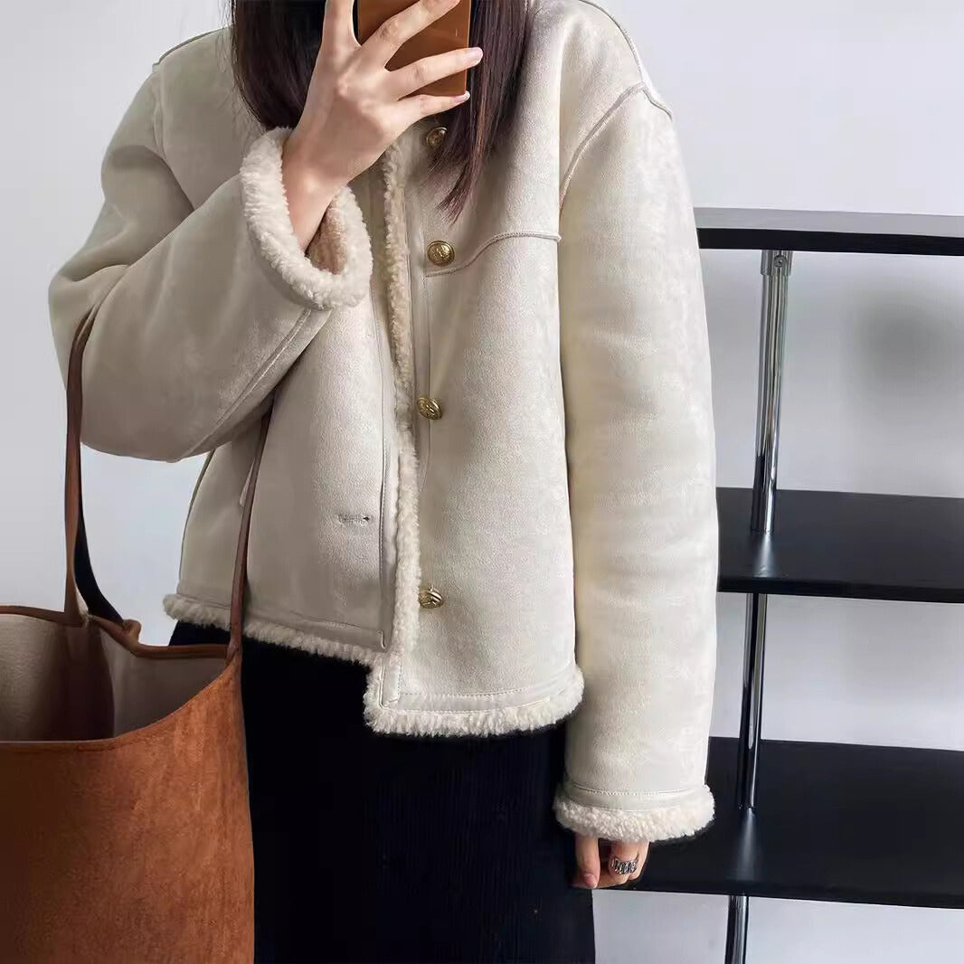 WW | Women's Jacket – Boxy Fit – Suede Look – Sherpa Lining – Metal Button Closure