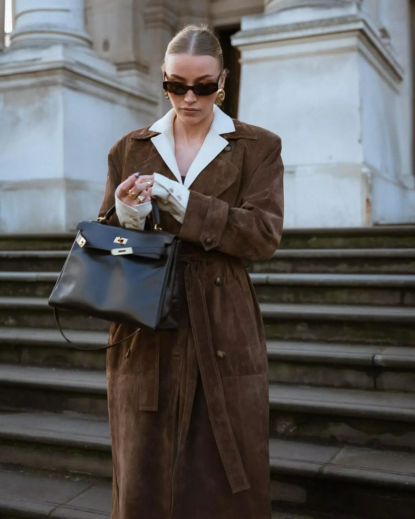 WW | Damen Wildleder Trenchcoat mit Taillengürtel und Doppelter Knopfleiste