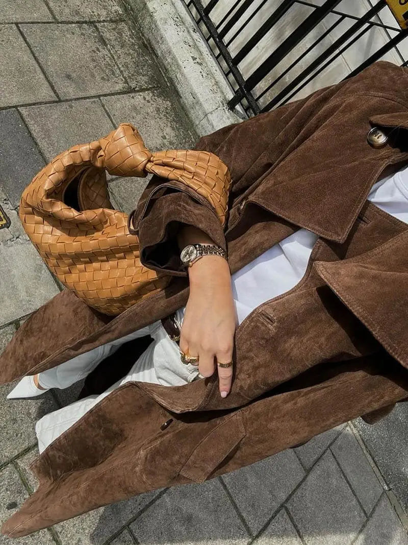 WW | Damen Wildleder Trenchcoat mit Taillengürtel und Doppelter Knopfleiste