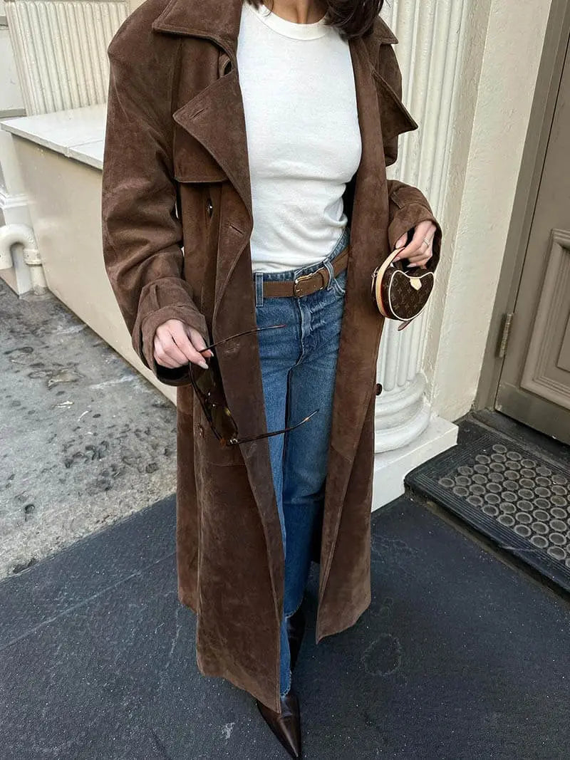WW | Damen Wildleder Trenchcoat mit Taillengürtel und Doppelter Knopfleiste