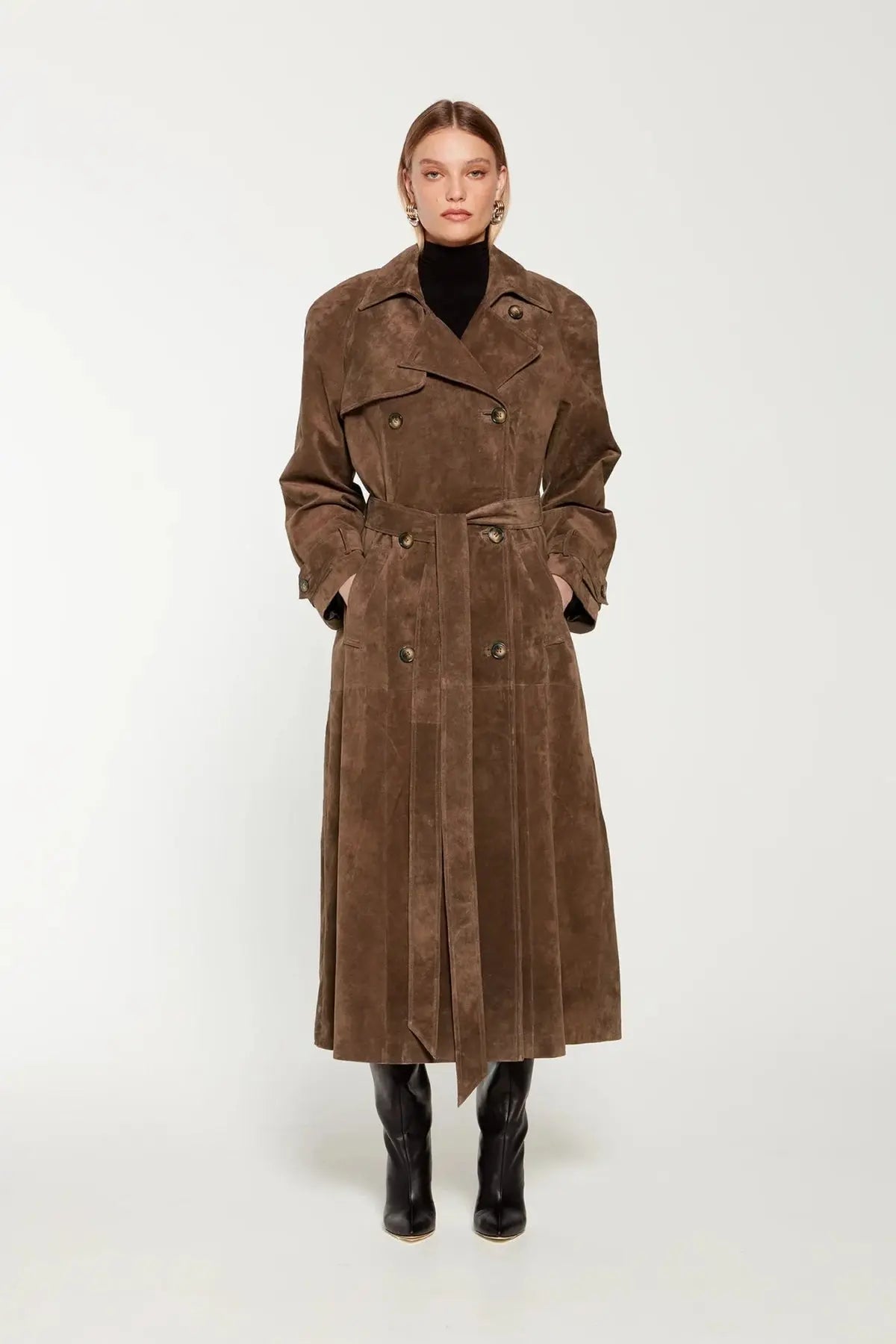 WW | Damen Wildleder Trenchcoat mit Taillengürtel und Doppelter Knopfleiste