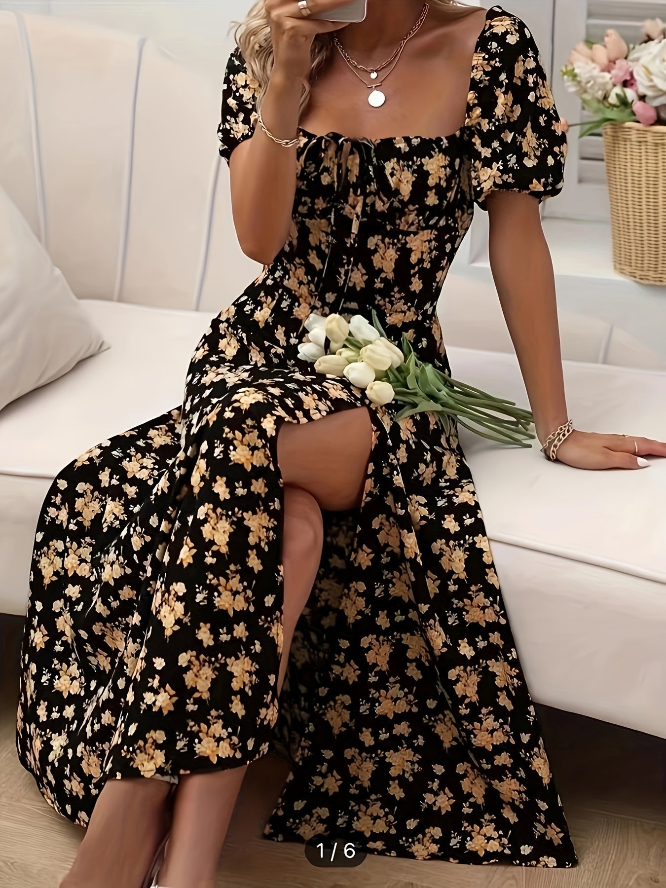 WW | Elegantes Blumenkleid Mit Schlitz Und Puffärmeln Perfekt Für Frühling & Sommer