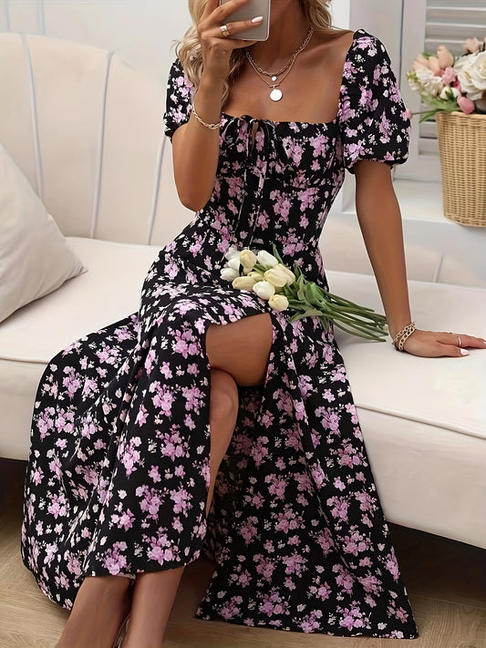 WW | Elegantes Blumenkleid Mit Schlitz Und Puffärmeln Perfekt Für Frühling & Sommer