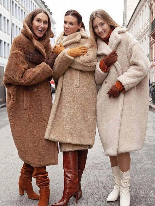 WW | Long Teddy Coat Plus Size Fit Soft Texture Large Lapel Collar