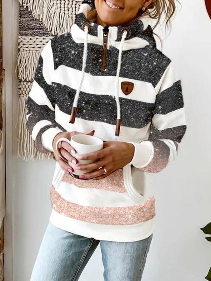 WW | Kapuzenpullover Bequem Mit Kängurutasche Verstellbare Kapuze Gestreiftes Design