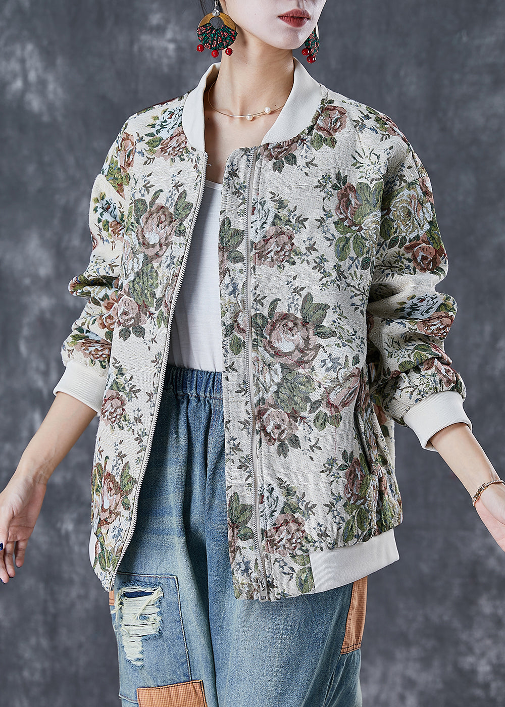 WW | Beige Oversized Print Cotton Jackets