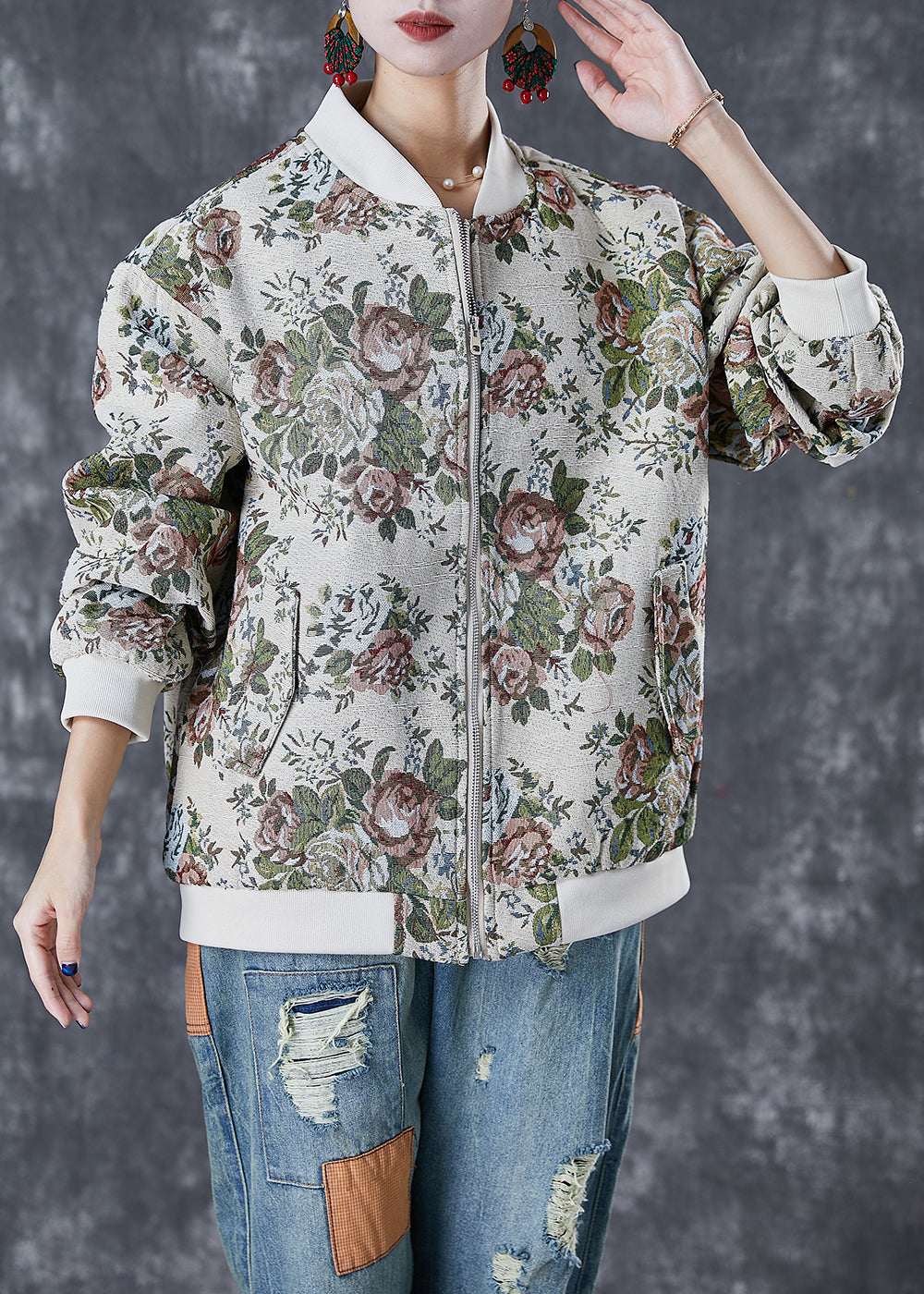 WW | Beige Oversized Print Cotton Jackets
