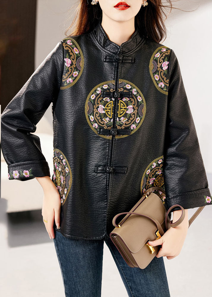 WW | Black Stand Collar Embroidered Button Faux Leather Coats