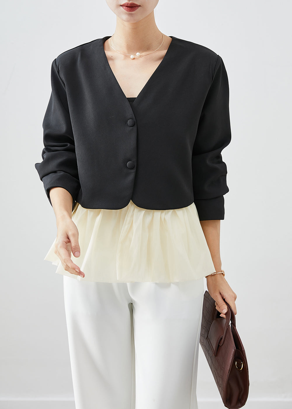 WW | Black V-Neck Patchwork Spandex Coats
