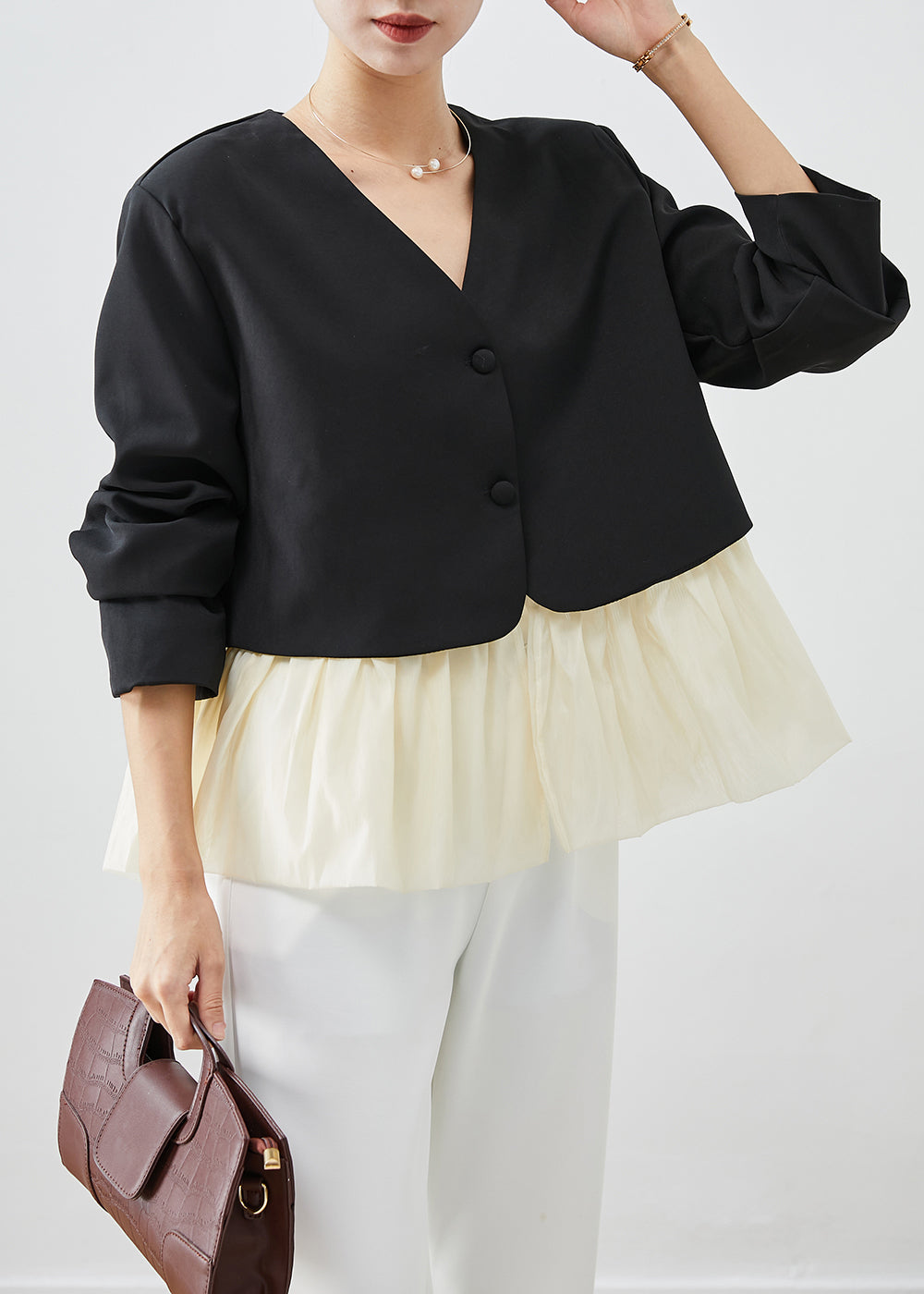 WW | Black V-Neck Patchwork Spandex Coats