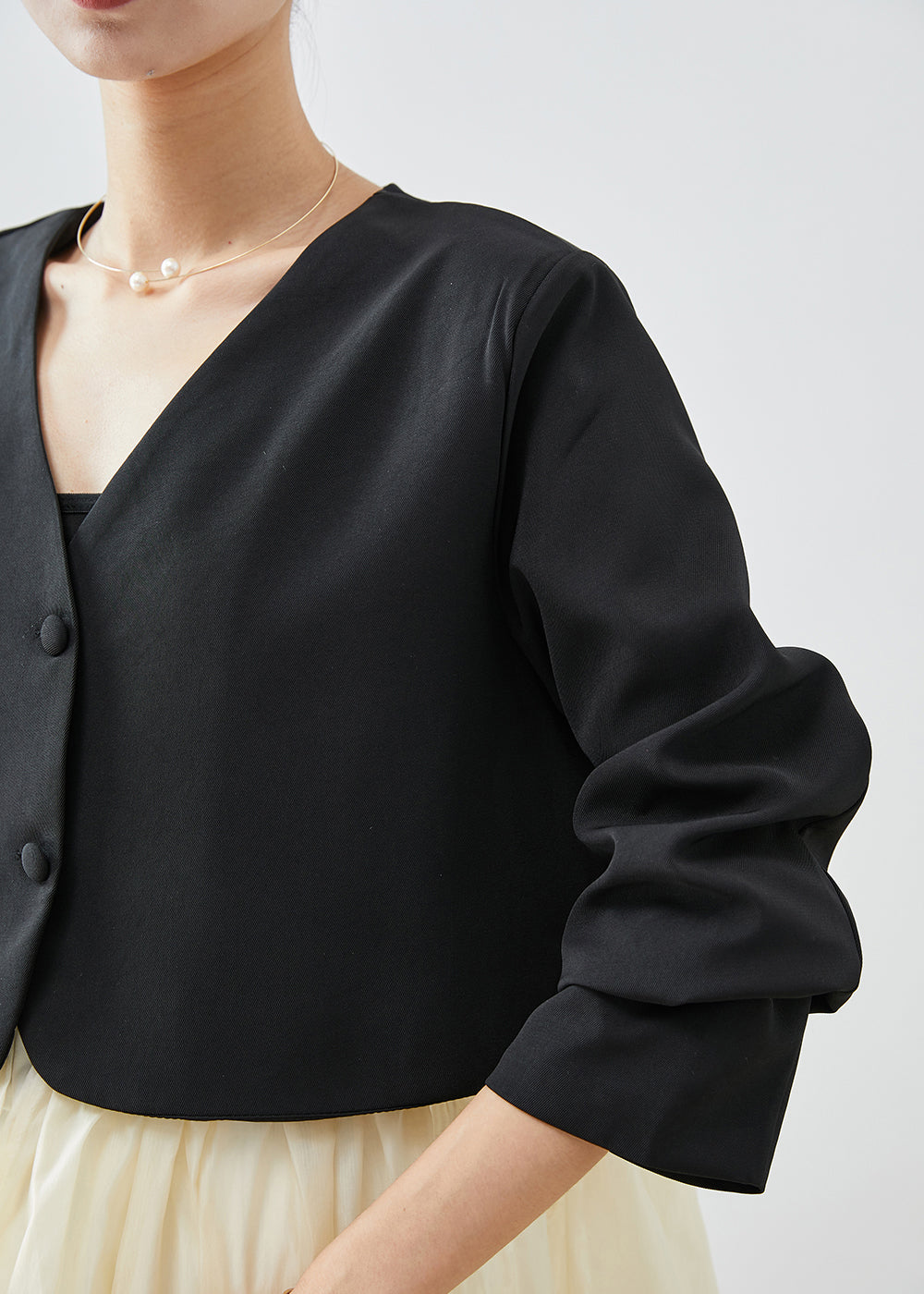 WW | Black V-Neck Patchwork Spandex Coats