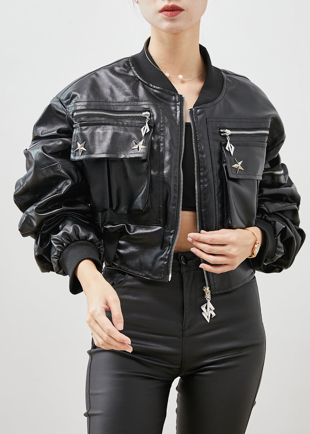 WW | Black Zipper Rivet Faux Leather Jackets