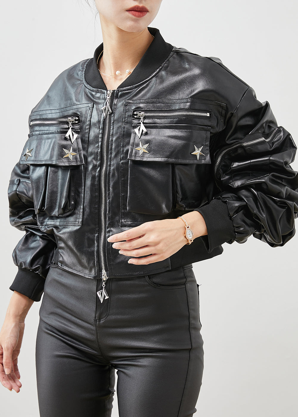 WW | Black Zipper Rivet Faux Leather Jackets