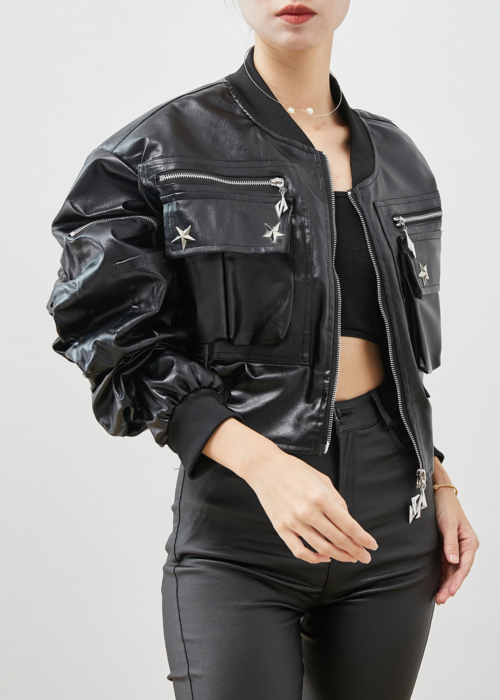 WW | Black Zipper Rivet Faux Leather Jackets