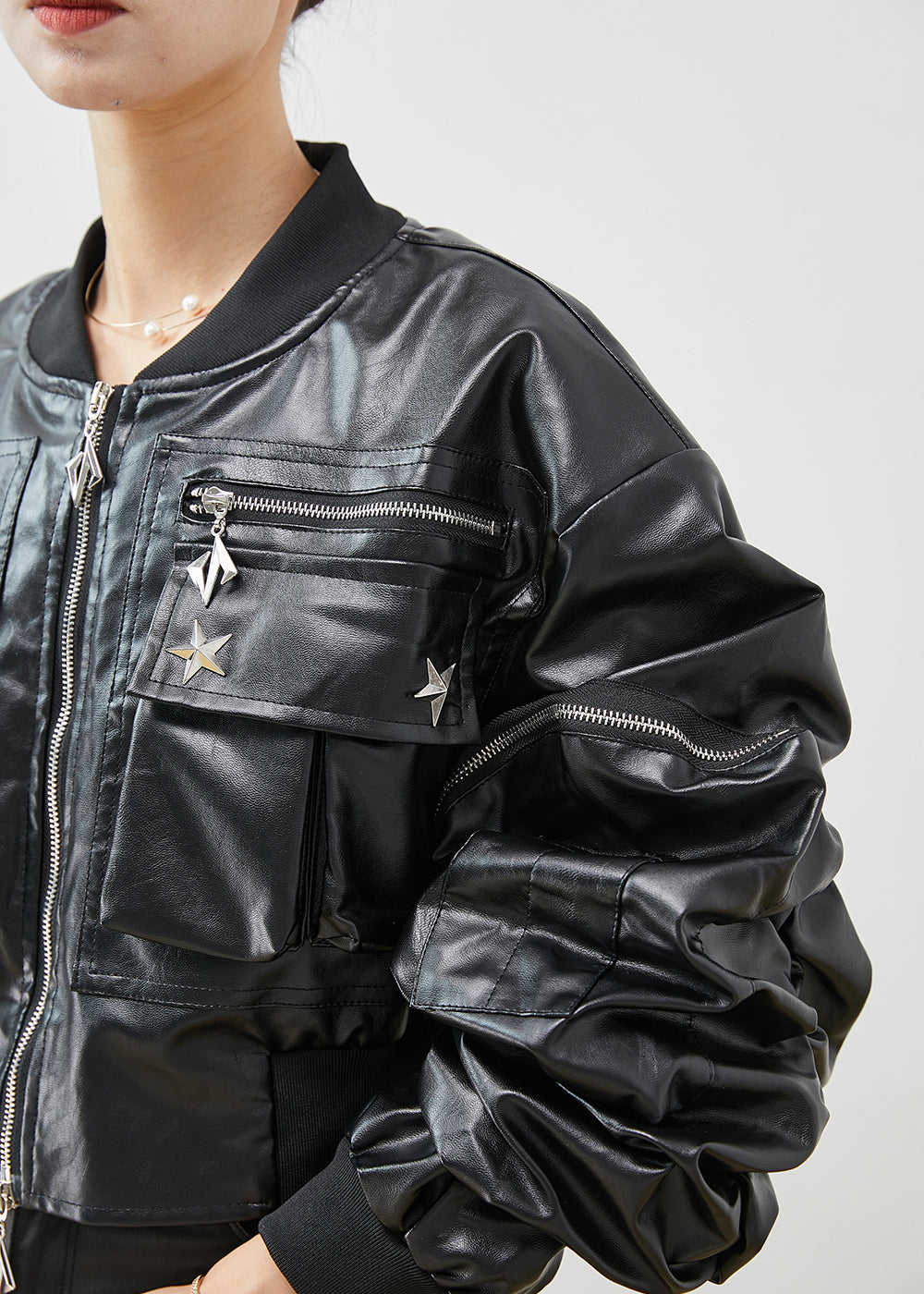 WW | Black Zipper Rivet Faux Leather Jackets