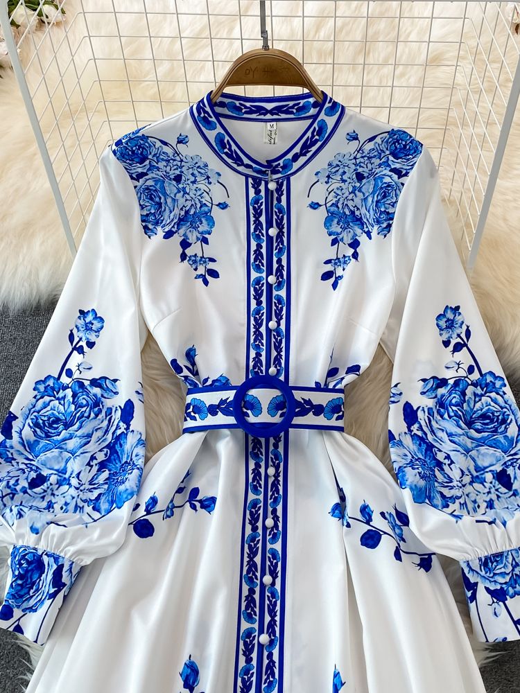 W&W Kleid mit Blumendruck Langes Laternenärmeliges Single Vintage