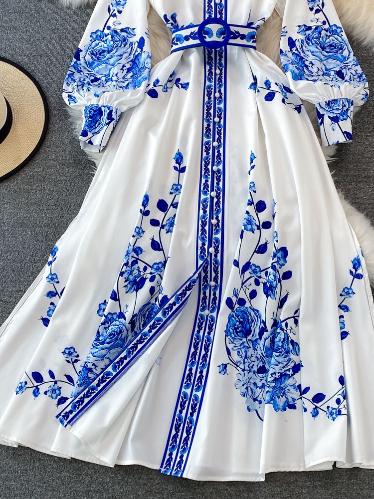 W&W Kleid mit Blumendruck Langes Laternenärmeliges Single Vintage