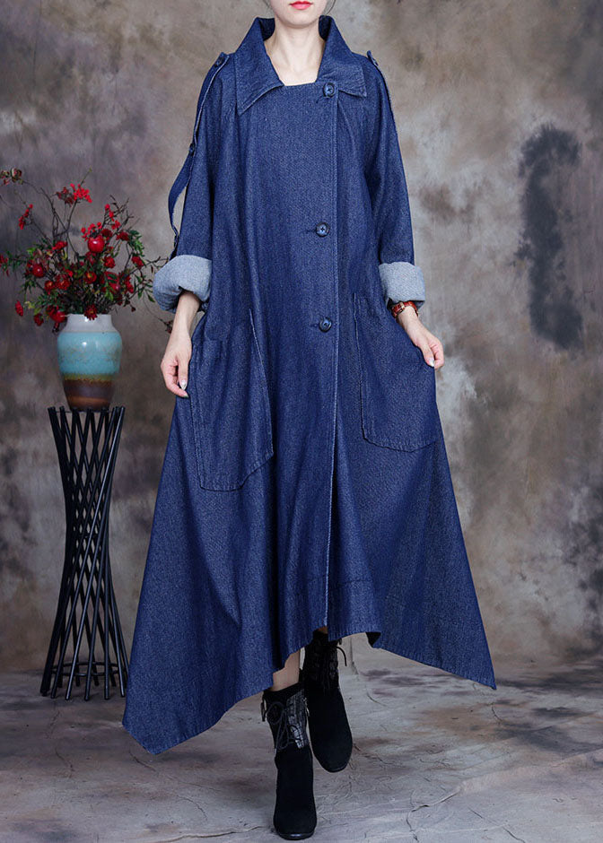 WW | Blauer asymmetrischer Design-Button Peter Pan Kragen Baumwoll-Denim-Trenchcoats