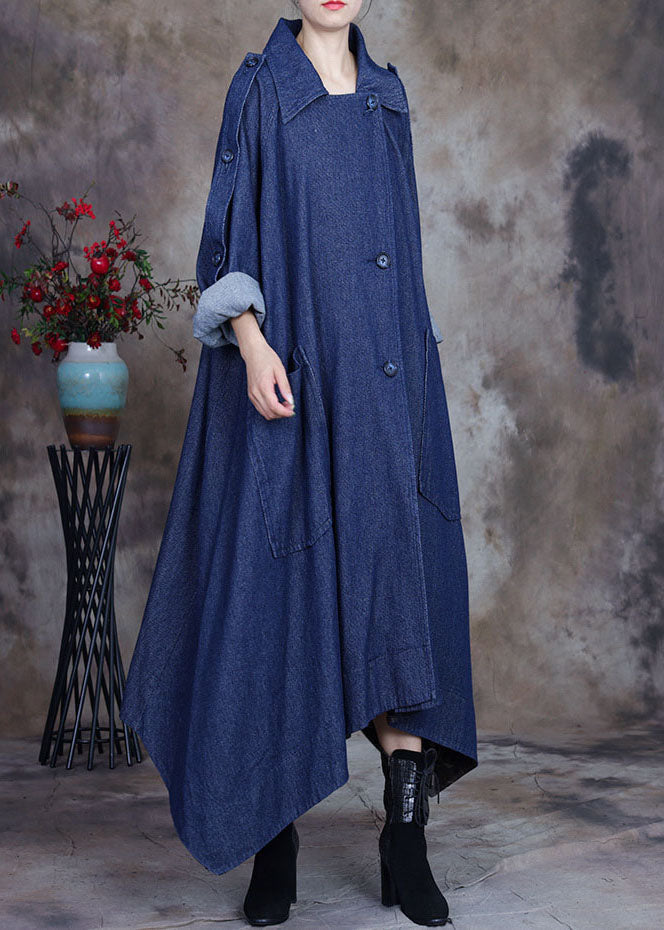 WW | Blue Asymmetrical Design Button Peter Pan Collar Cotton Denim Trench Coats