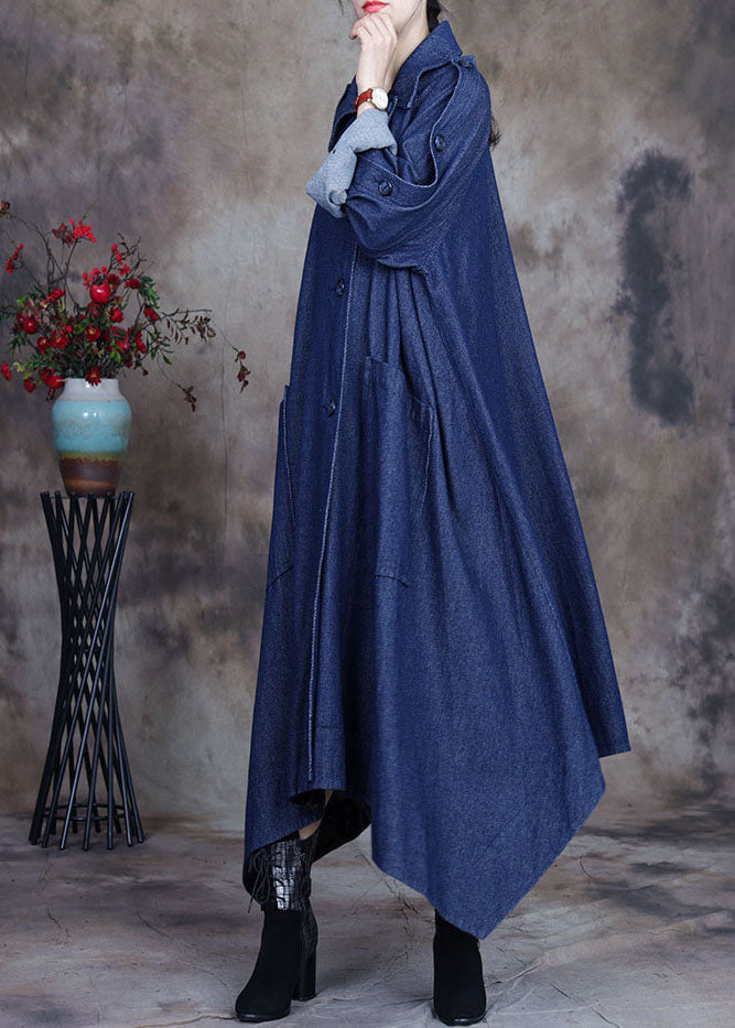 WW | Blauer asymmetrischer Design-Button Peter Pan Kragen Baumwoll-Denim-Trenchcoats