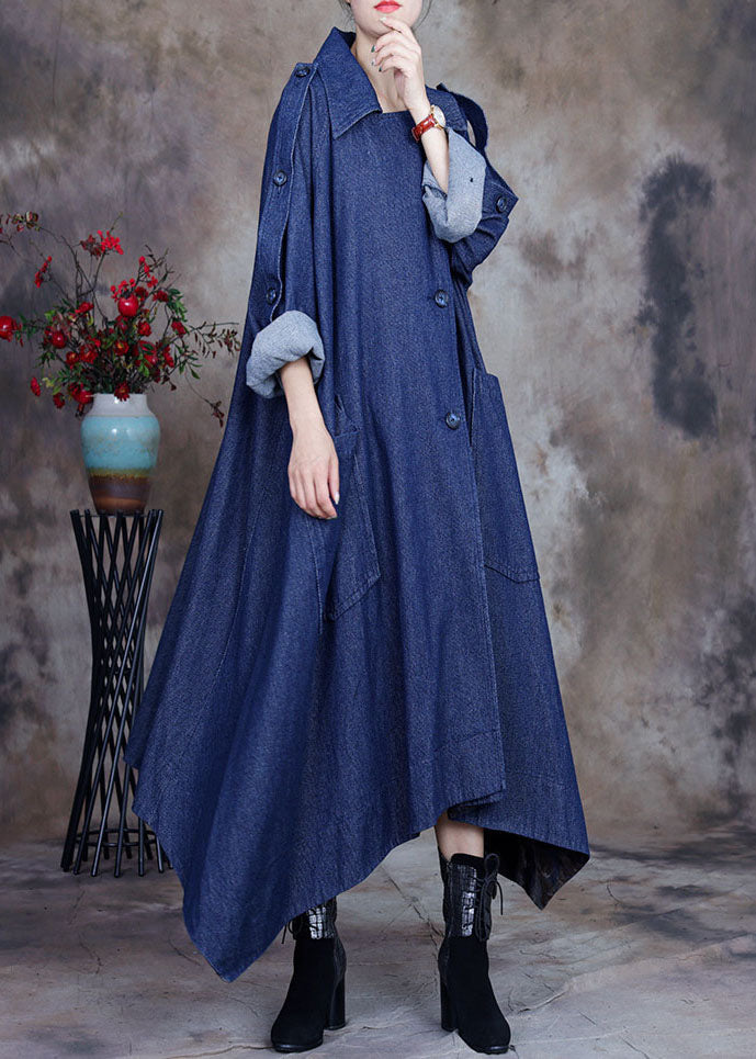 WW | Blauer asymmetrischer Design-Button Peter Pan Kragen Baumwoll-Denim-Trenchcoats