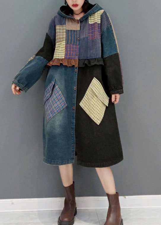 WW | Blue Button Hooded Pocket Patchwork Denim Coats