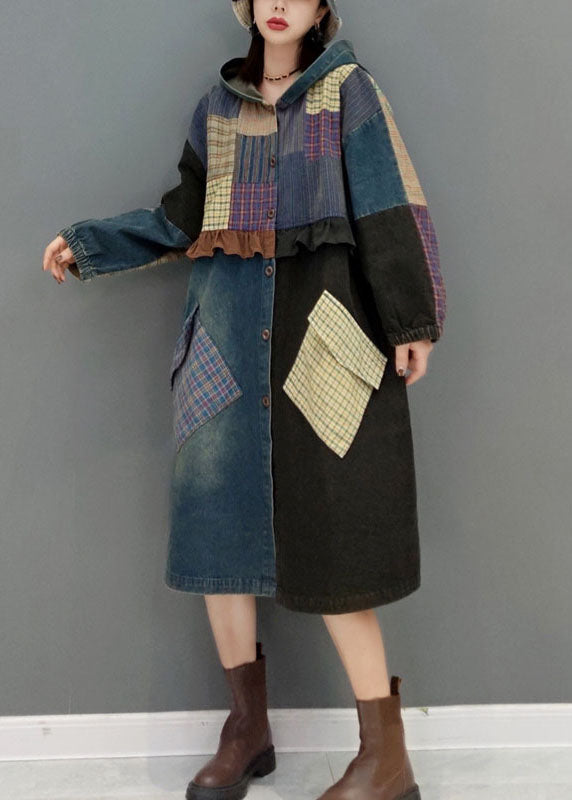 WW | Blue Button Hooded Pocket Patchwork Denim Coats