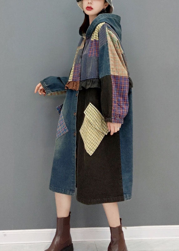 WW | Blaue Knopf Kapuzen Taschen Patchwork Denim Mäntel